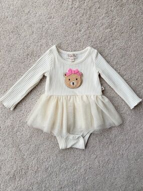 Baybe Bee Cream Ribbed Tutu Bodysuit with Bear Applique